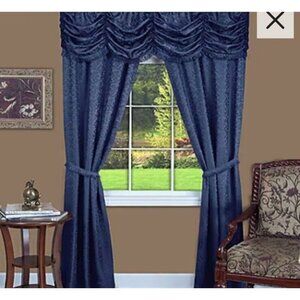 Panache‎ 5 Piece Window Curtain Set 55x84 Navy Jacquard Light Filtering Tie Back